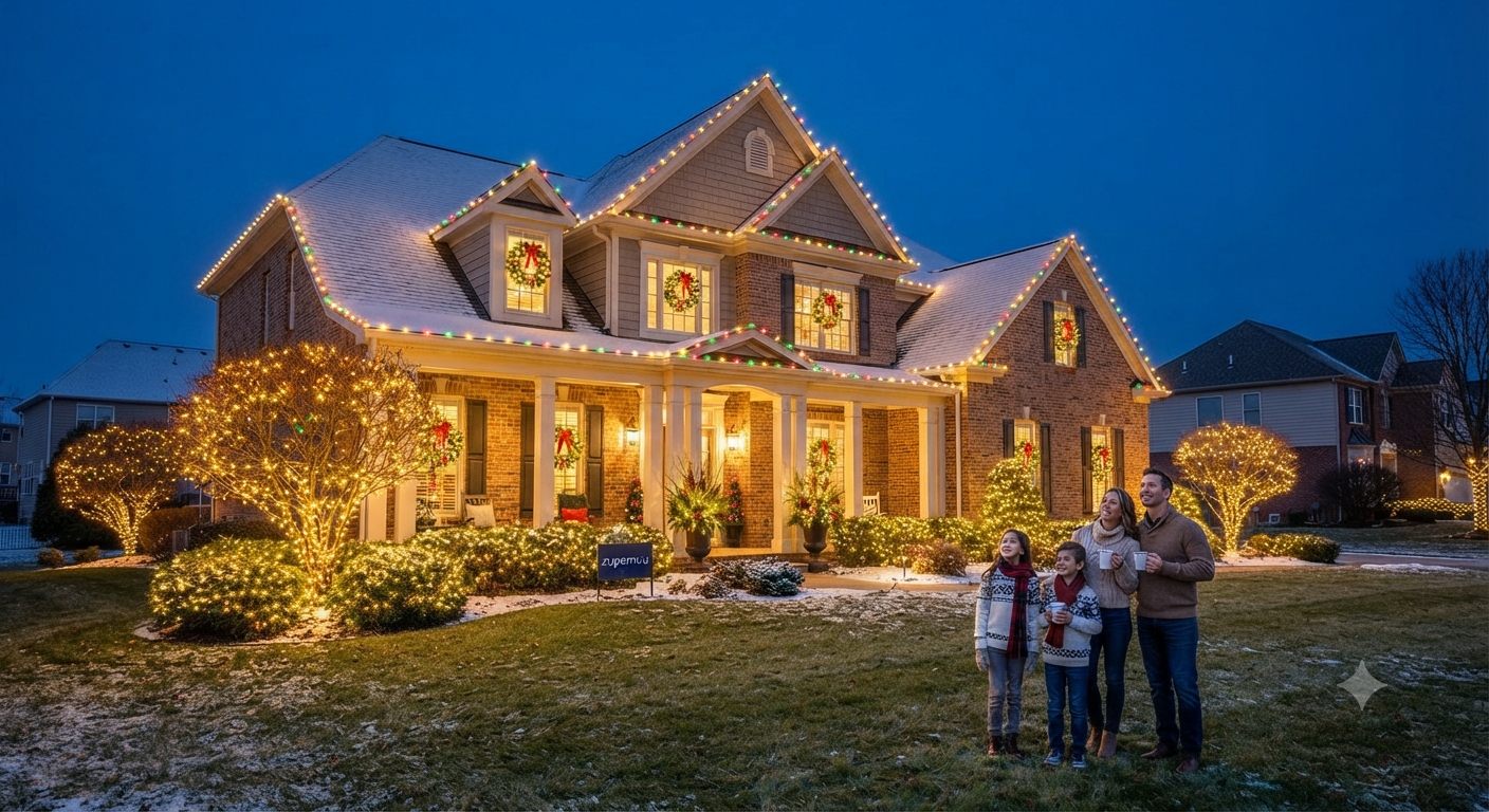 Holiday light installation on a home facade